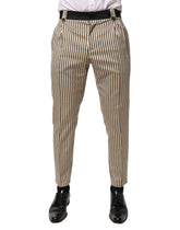 Beige Black Striped Cotton Slim Fit Trousers Pants